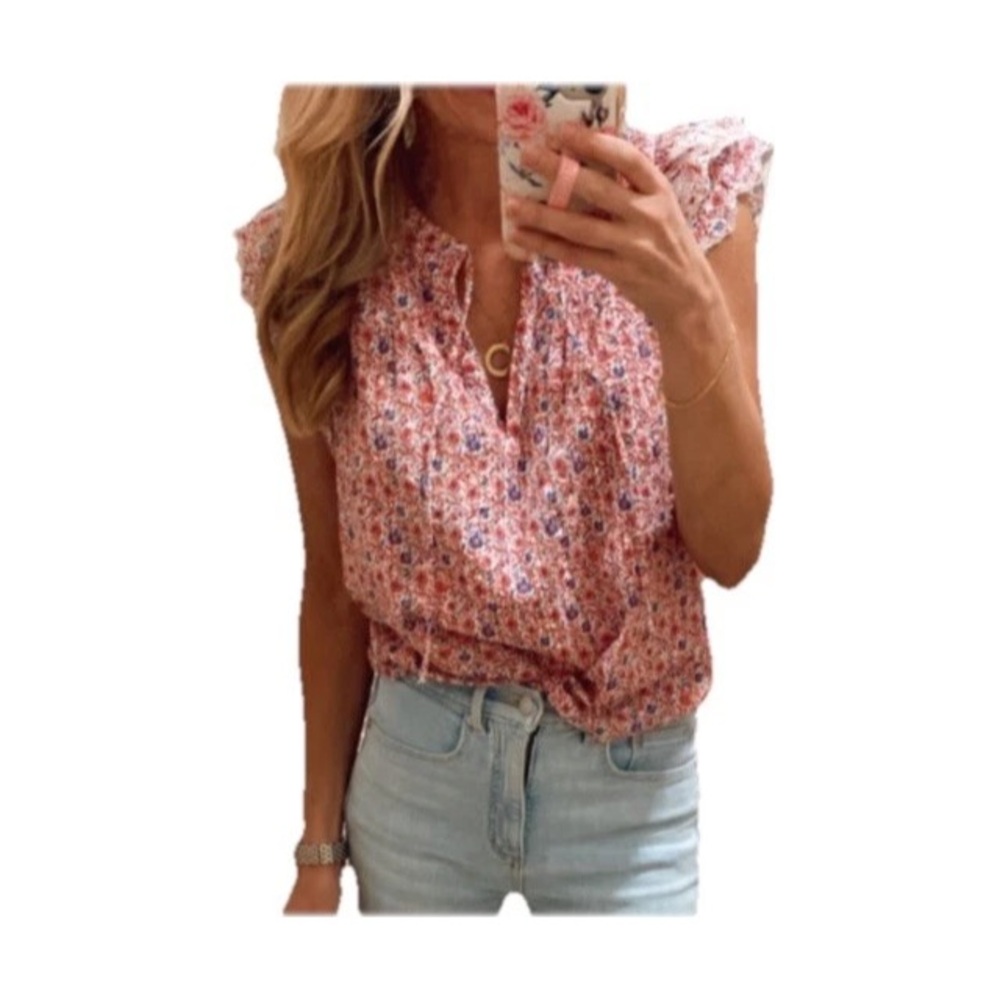 Loft Women's Large Cotton Multicolor Floral Double Flutter Sleeve Top